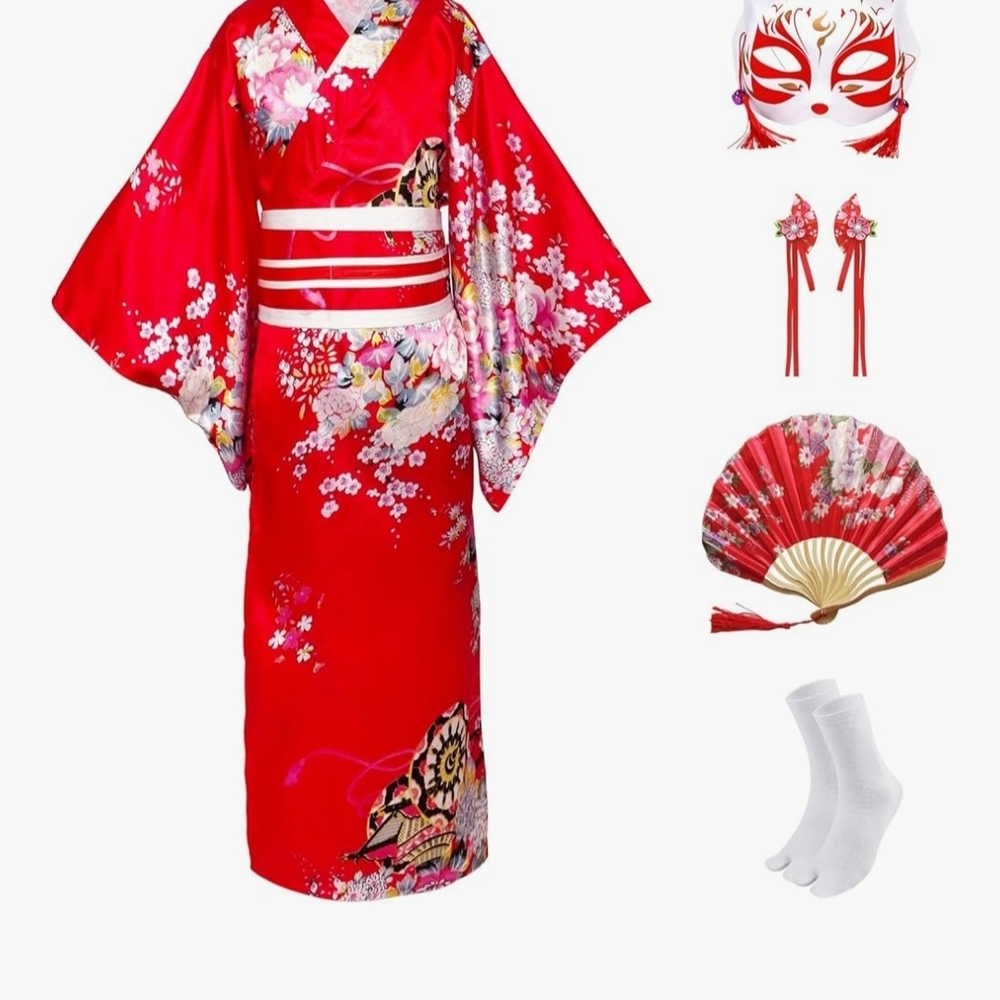 Red Floral Kimono Dress with Fan & Accessories